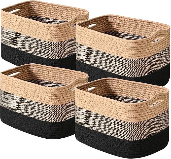 Storage Baskets for Shelves Organizing, Woven Cotton Rope Baskets for Storage, Book Basket, Towel Basket, 12.5"Lx9.1''Wx7.9''H (4 Packs) Gradient Black & Jute