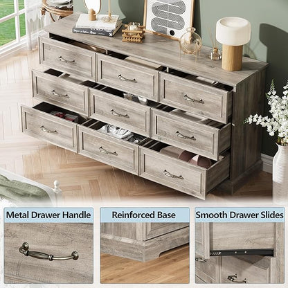 9 Drawer Dresser for Bedroom, 63" Wide Wooden Chest of Drawers, Rustic Farmhouse Dresser with Large Drawers & Metal Handles, Modern Storage Organizer for Closet, Living Room, Hallway, Grey