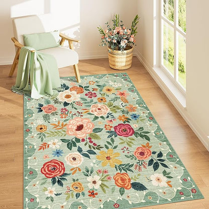 DUKINO 4x6 Area Rug, Floral Rugs for Living Room, Lightweight Non Slip Washable Rug, Indoor Low Pile & Non-Shedding Boho Design Rugs for Bedroom, Living Room, Dining Room, Green