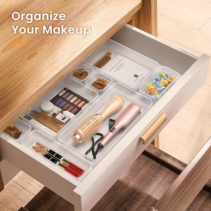 A-LuGei 【Military Grade】 Drawer Organizer, 【𝟱𝗦𝗶𝘇𝗲】 Clear Makeup organizer, 【Holds 177 Items】 Bathroom Organizers and Storage, Plastic Desk Organizer Divider, Organizer Bins for Office Vanity