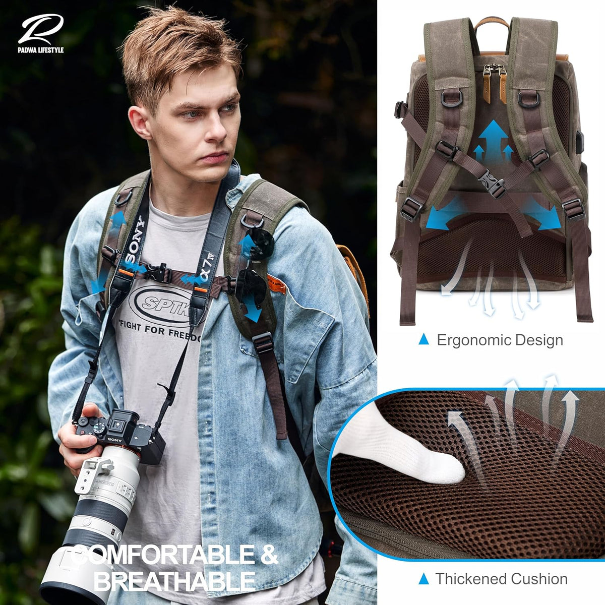 Padwa Lifestyle Coffee Camera Backpack - Weather Resistant Waxed Memory Canvas Camera Backpacks for Photographers,Multi DSLR SLR Camera Bag with 16” Laptop & Lens Compartment and Tripod Holder