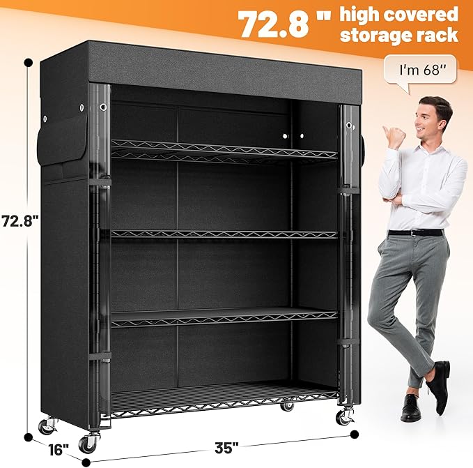 REIBII 72.8" H Storage Shelves with Wheels Wire Shelving Cover Heavy Duty Metal Shelving for Pantry Garage Kitchen Commercial Industrail,Storage Rack Shelf Commercial Shelving,35" W*16" D*72.8" H