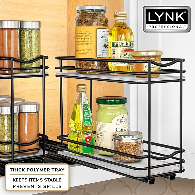 LYNK PROFESSIONAL® Pull Out Spice Rack Organizer for Inside Kitchen Cabinets - 4-1/4 inch Wide - Slide Out Drawer – Black Sliding Spice Cabinet Organization Shelf Racks - 2 Tier