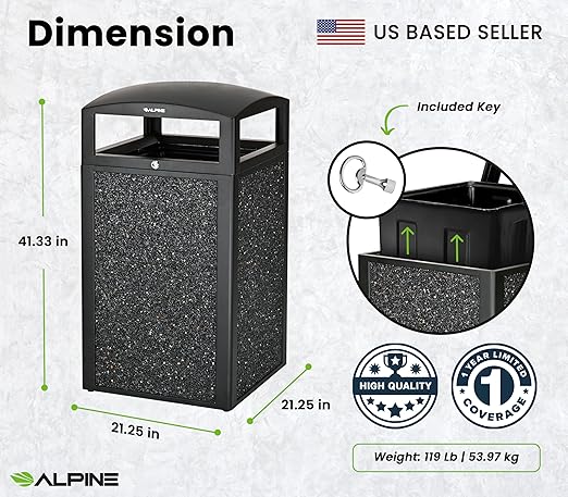 Alpine Outdoor Commercial Trash Can with Lid - 40 Gallon Heavy Duty Metal Garbage Can with Removable Bin, Locking Lid for a Modern Look in Park, Mall & High Traffic Areas - Black, Grey Stone Panels