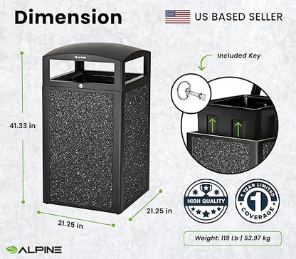 Alpine Outdoor Commercial Trash Can with Lid - 40 Gallon Heavy Duty Metal Garbage Can with Removable Bin, Locking Lid for a Modern Look in Park, Mall & High Traffic Areas - Black, Grey Stone Panels
