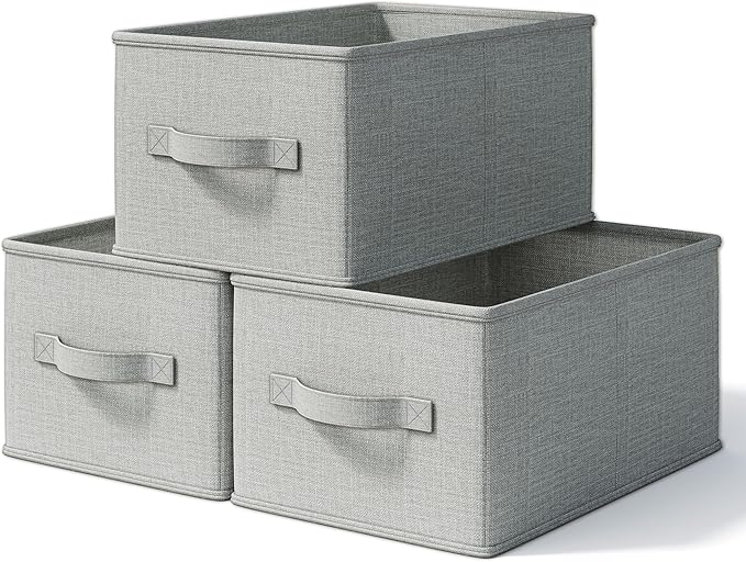 3 Pack Fabric Storage Bins for Shelves | 16.25x12x10in Closet Storage Baskets | Collapsible Storage Bins |Fabric Closet Organizers with Handles | Light Gray