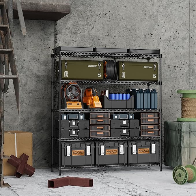 5 Tiers Storage Shelves Load 3300LBS, Metal Shelving Wire Metal Shelving Unit Shelves for Storage Adjustable Garage Shelving for Pantry Kitchen Garage Black 17.7" D x 59.1" W x 70.4" H