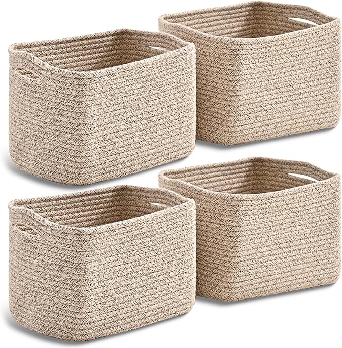 Small Storage Baskets for Organizing, Woven Storage Baskets for Shelves, Cotton Rope Basket for Storage, Cute Rectangular Book Toy Basket, 12.7"×9.1"×7.9", 4 Packs, Brown