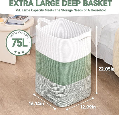 CLHMILY&Z 75L Laundry Basket Rectangular Green Rope - 16x13x22 Inches - Dirty Clothes and Soft Storage Bin for Blankets, Toys, and Nursery Essentials