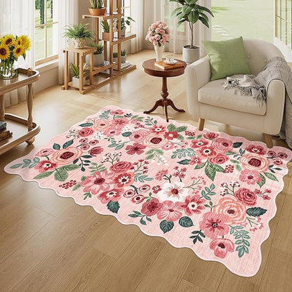 DUKINO 3x5 Area Rug, Floral Non-Slip Indoor Washable Rug with Low Pile & Non-Shedding, Lightwight Boho Design Carpet for Entryway, Bedroom, Kids Room, Living Room, Kitchen, Pink