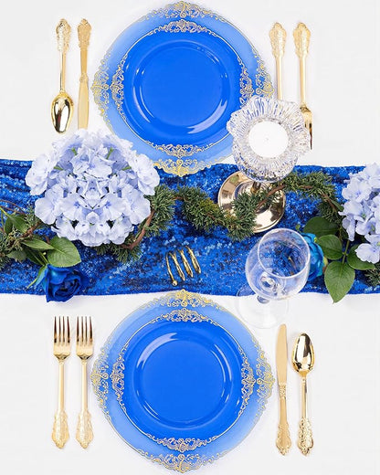 Nervure 350PCS Blue Plastic Plates - Blue Plastic Dinnerware Sets for 50 Guests - 100 Disposable Plates, 150 Gold Silverware, 50 Cups, 50 Napkins for Wedding & Party & Thanksgiving Day