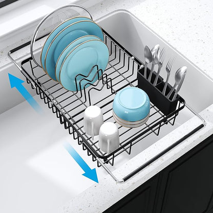 JASIWAY in Sink Dish Drying Rack, Expandable Stainless Steel Dish Drainers for Kitchen Sink, Over Sink Dish Drying Rack with Utensil Holder, 13.1''~16.6''D x 11.8''W, Black