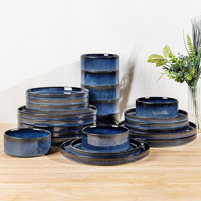 TheTerra Ceramic Dinnerware Sets for 8, 24 Pieces Porcelain Lightweight Speckled Plates and Bowls Sets, Scratch Resistant Dish Set, Oven & Microwave & Dishwasher Safe, Starry Blue