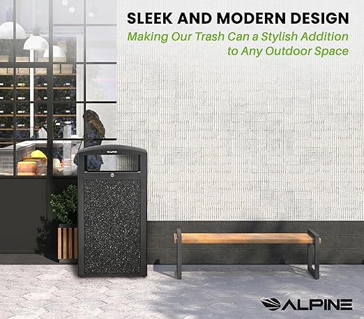 Alpine Outdoor Commercial Trash Can with Lid - 40 Gallon Heavy Duty Metal Garbage Can with Removable Bin, Locking Lid for a Modern Look in Park, Mall & High Traffic Areas - Black, Grey Stone Panels