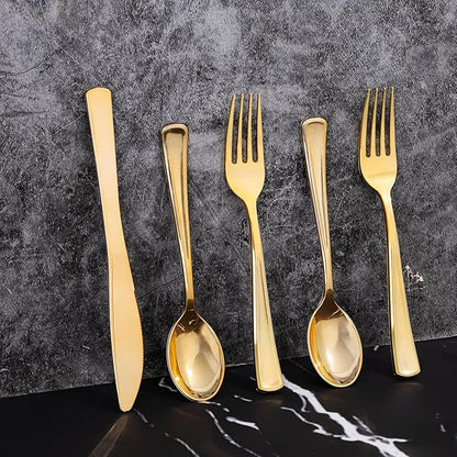 300 Pieces Gold Plastic Silverware - Heavy Duty Disposable Cutlery Set - Gold Disposable Utensils Include 150 Forks, 75 Spoons, 75 Knives for Dinner, Parties, Weddings