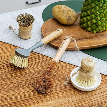 Natural Bamboo Dish Brush Bottle Scrub Brush 4-Piece Set, with Ceramic Soap Dispenser - Wooden Washing Up Brushes with Sturdy Handles for Cleaning Dishes, Pots, Pans, Gift Kit