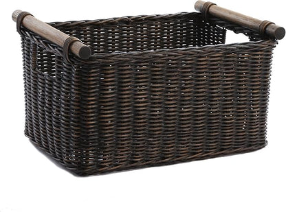 The Basket Lady Pole Handle Wicker Storage Basket, Medium, 16 in L x 12 in W x 8.25 in H, Antique Walnut Brown