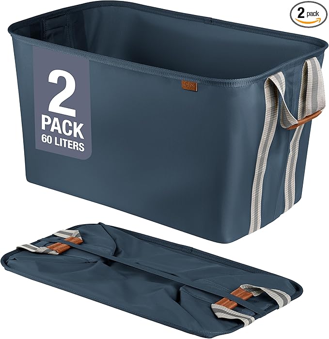 CleverMade Collapsible Laundry Basket Hamper - LUXE Navy Noir Cream 2Pack 60L - Space Saving Storage Organizer with Handles Foldable Home Organization