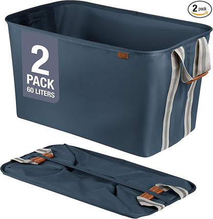 CleverMade Collapsible Laundry Basket Hamper - LUXE Navy Noir Cream 2Pack 60L - Space Saving Storage Organizer with Handles Foldable Home Organization