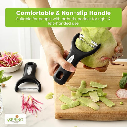 Spring Chef Premium Y & Vegetable Julienne Peeler Set for Kitchen with Stainless Steel Sharp Blades - Carrot Peelers with Comfortable Handles - Perfect for Zucchini, Cucumber, Papaya, Potato - Black