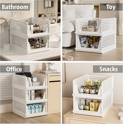 Proarea Stackable Plastic Storage Basket Closet Organizer Bin Foldable Clothes Organizer Storage Drawer Shelf Container for Living Room Bathroom Kitchen Office Laundry Room