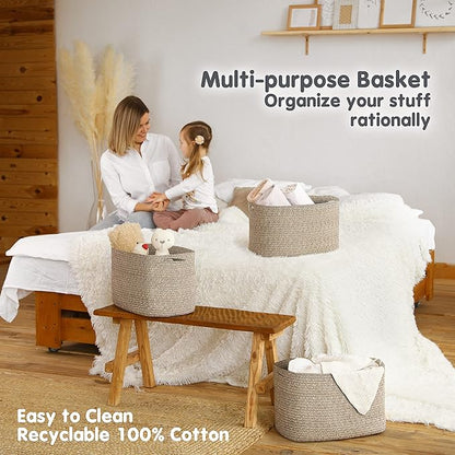 CHAT BLANC Cotton Rope Baskets for Organizing | Storage Baskets for Shelves | Rope Basket for Storage, Small Laundry Baskets, Woven Baskets for Storage, Dog Toy Bin, Baby Basket, Brown 3 Pack