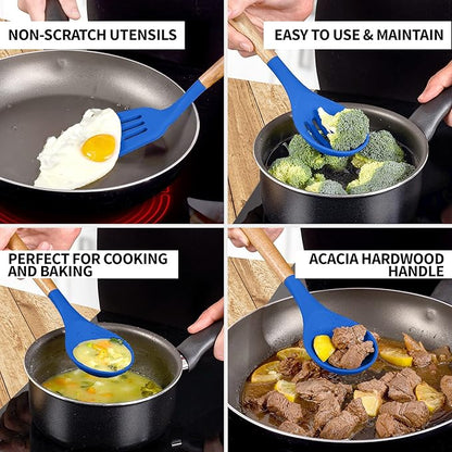 Zulay Kitchen Non-Stick Silicone Cooking Utensils Set with Acacia Wood Handles - 5 Piece Set - Heat Resistant to 464F - Dark Blue