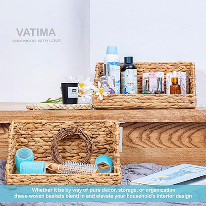 VATIMA Water Hyacinth Storage Baskets for Organizing, Medium Open-Front Wicker Basket for Kitchen, for Shelves, 11.8” x 7.5” x 5.5”, 2 Pack