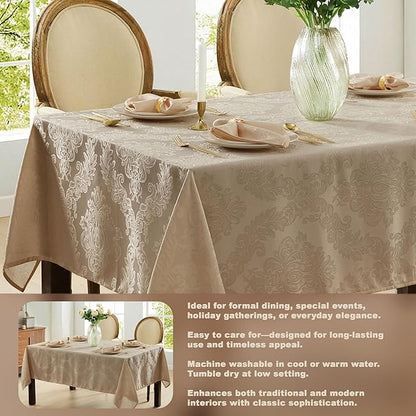 Newbridge Barcelona Luxury Damask Fabric Tablecloth, 70” Extra Wide x 168” Rectangle, Golden Beige, 100% Polyester, No Iron, Soil Resistant Dining Room, Party and Banquet Table Cover