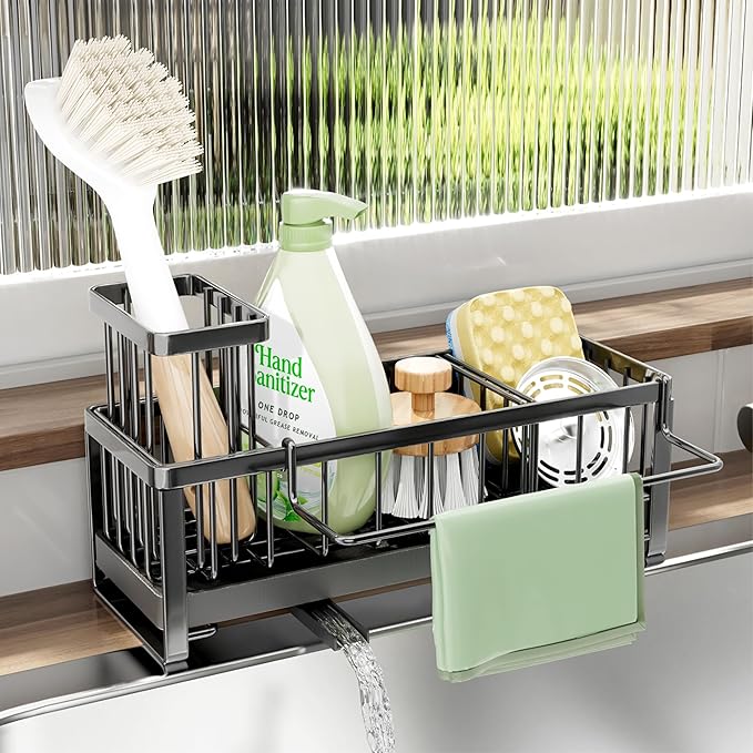 SWTYMIKI Sponge Holder for Kitchen Sink - Sink Caddy with Brush Holder Self-draining Sponge Caddy Organizer with Divider Stainless Steel Kitchen Accessories Storage for Countertop, Black