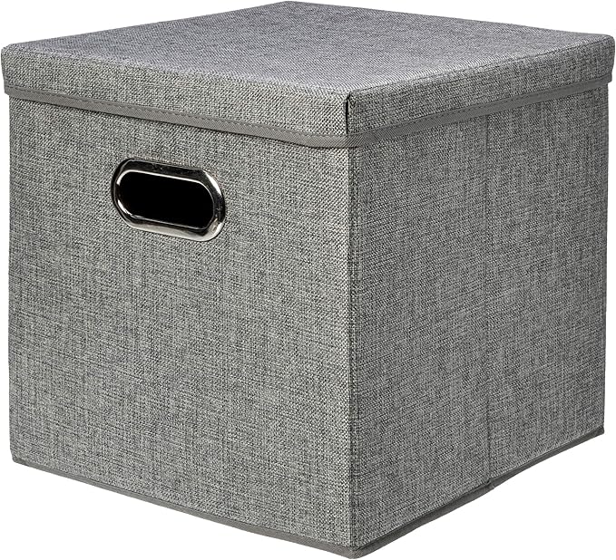 Amazon Basics Foldable Burlap Cloth Cube Storage Bin with Lid, Stackable and Sturdy, Gray, Set of 2