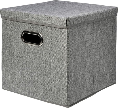 Amazon Basics Foldable Burlap Cloth Cube Storage Bin with Lid, Stackable and Sturdy, Gray, Set of 2