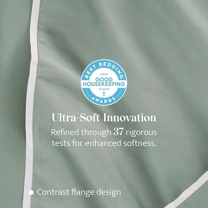 Double Stitch Cotton Tencel Duvet Cover - Queen Size Comforter Cover, Luxury & Soft Eucalyptus Lyocell Bedding Set for Hot Sleepers, Cooling & Breathable, Button Closure, Sage Green Contrast, 90"x90"