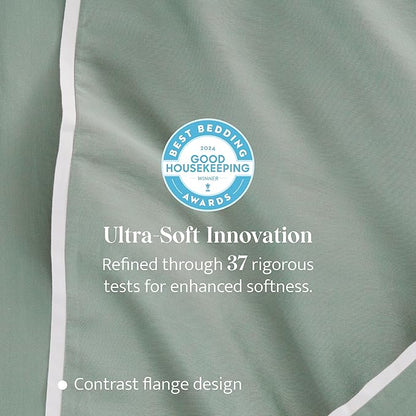 Double Stitch Cotton Tencel Duvet Cover - Queen Size Comforter Cover, Luxury & Soft Eucalyptus Lyocell Bedding Set for Hot Sleepers, Cooling & Breathable, Button Closure, Sage Green Contrast, 90"x90"