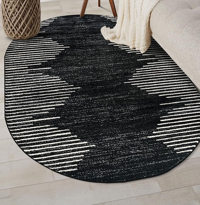 Rugshop Bohemian Stripe Stain Resistant High Traffic Living Room Kitchen Bedroom Dining Home Office Oval Area Rug 5' x 7' Black