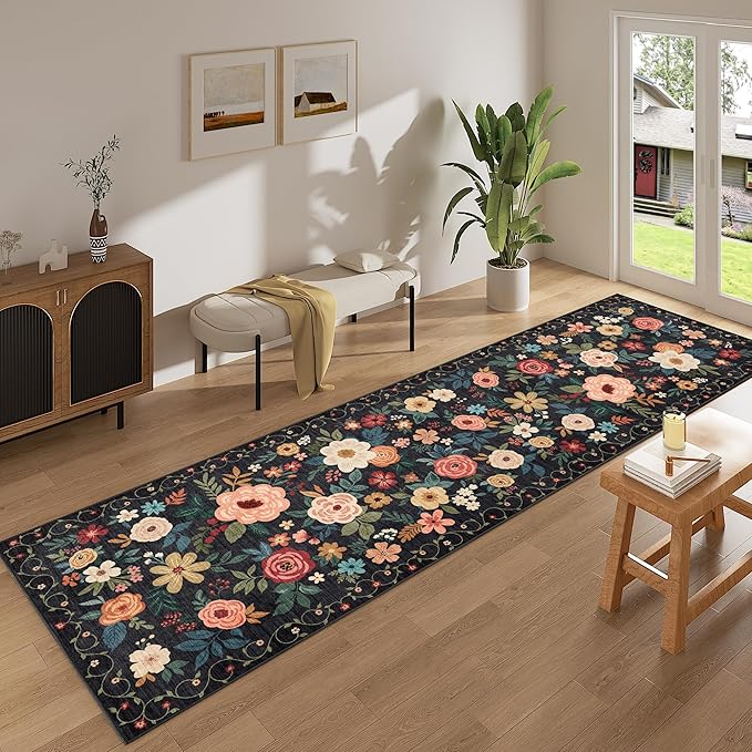 DUKINO 3x10 Runner Rug for Hallway, Washable Kitchen Floral Runner Rug with Non Slip Backing, Low Pile Soft Boho Carpet for Kitchen, Hallway, Entryway, Laundry, Bedroom, Black