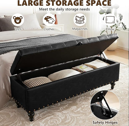 51.8’’ Storage Ottoman Bench, Faux Leather Ottoman with Storages, Window Benches Holds up to 330lbs, Upholstered Storage Bench for Bedroom, Living Room, Entryway and Family Room, Black