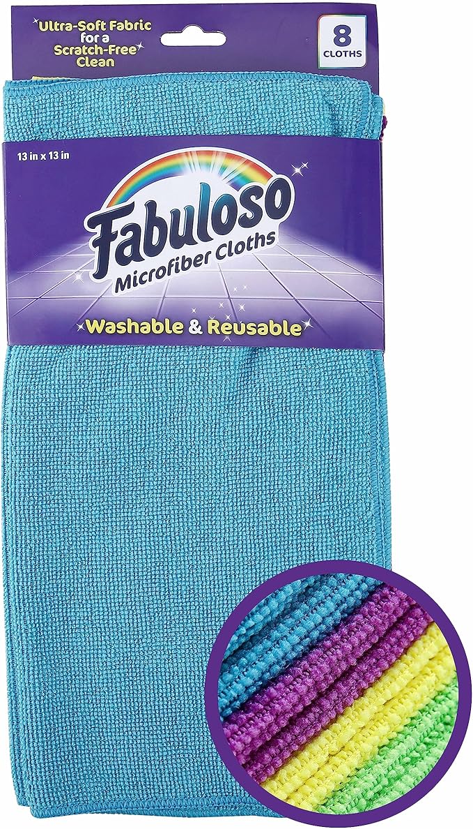Fabuloso Microfiber Cleaning Cloths, Rainbow - Lint-Free, Scratch-Free Cleaning Cloths for Surfaces and Wood Furniture - Dustless Cloth for Bold and Bright Cleaning Experience, 8 Count