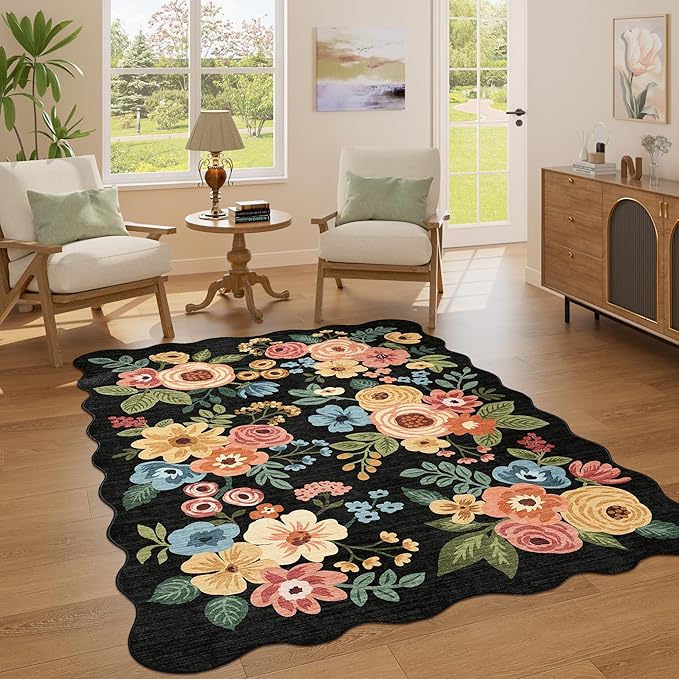 DUKINO 4x6 Area Rug, Floral Non-Slip Indoor Washable Rug with Low Pile & Non-Shedding, Lightwight Boho Design Carpet for Entryway, Bedroom, Kids Room, Living Room, Kitchen, Black