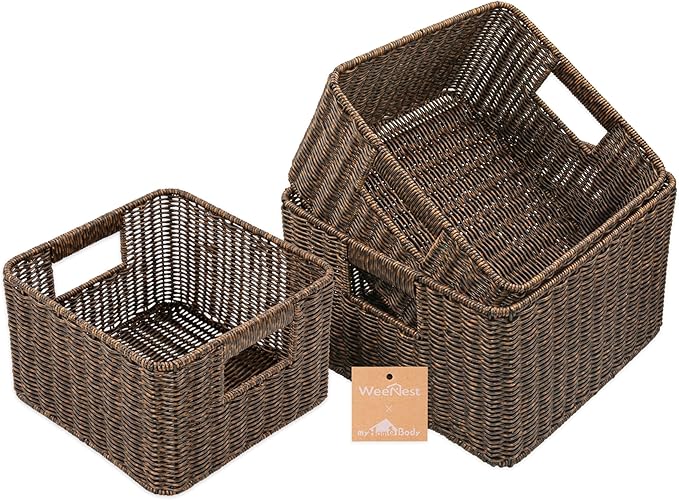 myHomeBody Wicker Storage Basket, Storage Cubes, Woven Baskets for Organizing, Resin Wicker Set of 3, Rustic Brown