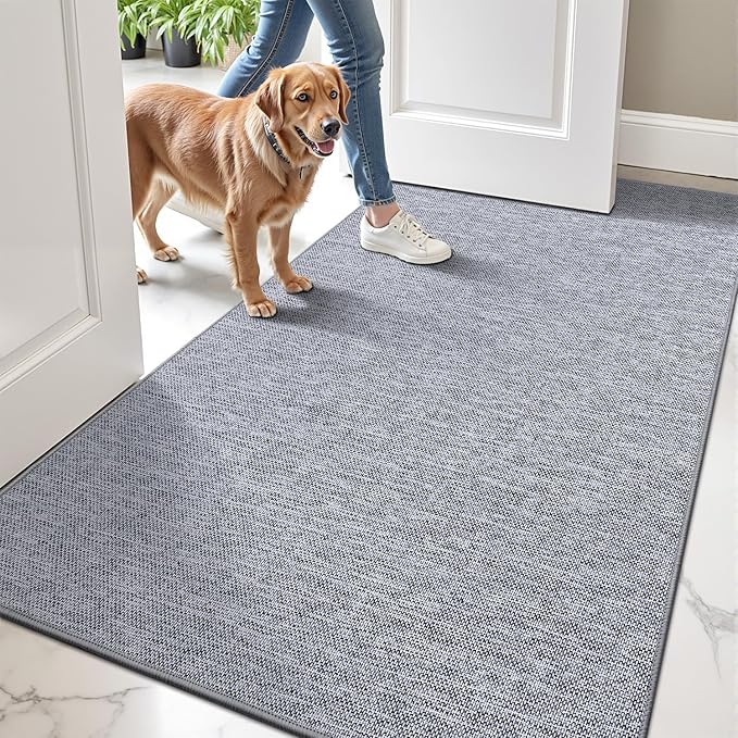 LUMI Ultra Thin Door Mat for Entryway,32"x48" Low Profile Non Slip Rubber Backing Indoor Doormat, Easy Clean Welcome Entrance Mat for Inside House, Patio, Light Grey