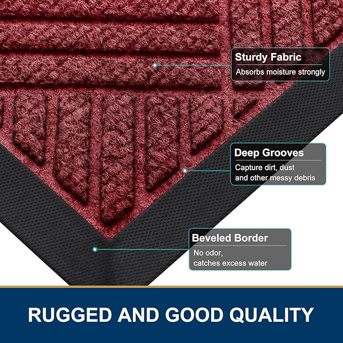 Smiry Front Door Mat Outside Entrance, Heavy Duty Outdoor Indoor Mat, Natural Rubber Doormat, Non Slip, Trap Dirt and Moisture, Easy Clean, Low Profile Patio Porch Entryway Mat, 71x23, Wine Red
