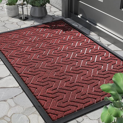 Yimobra Front Door Mat Outside Entrance 29.5x17, Waterproof Heavy Duty Outdoor Mats for Front Door, Non Slip Rubber Entry Mat for Garage Patio, Black Red
