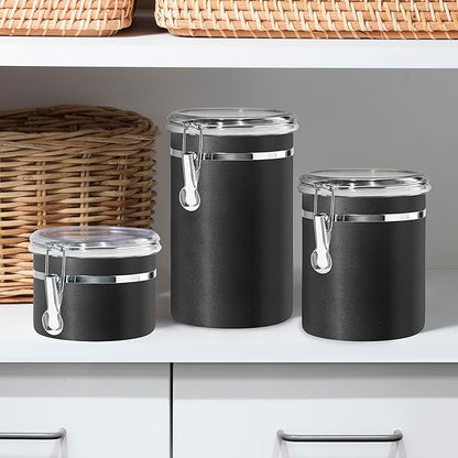 Oggi Stainless Steel Kitchen Canister 47 fl oz, Black - Airtight Clamp Lid, Clear See-Thru Top - Ideal for Kitchen Storage, Food Storage, Pantry Storage. Large Size 5" x 6".