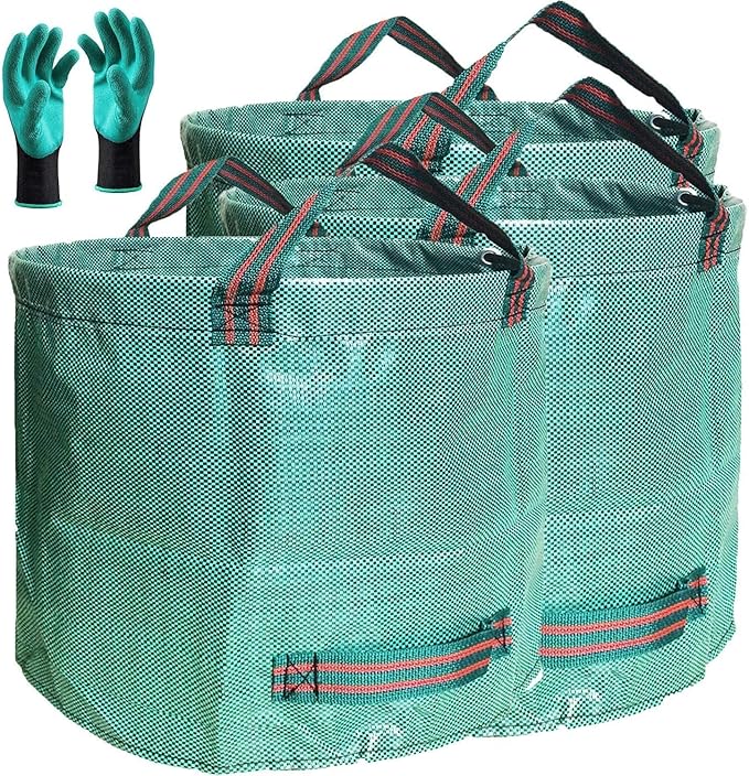 Professional 3-Pack 137 Gallon Lawn Garden Bags (D34, H34 inches) Big Yard Waste Bags with Garden Gloves, Extra Large Reusable Leaf Bags,Garden Clippings Bag,Leaf Container,Yard Trash Bags 4 Handles