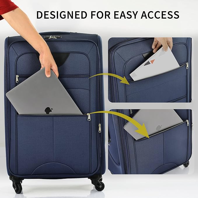 Merax Softside Luggage Set Softshell Lightweight 3 Piece Spinner Suitcase 22" 26" 30" Deep Blue