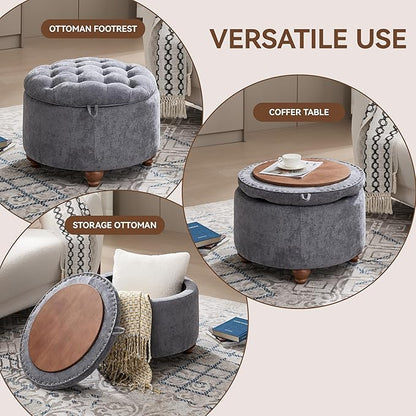 24Inch Round Storage Ottoman with Tray, Modern Tufted Circle Coffee Table with Storage, Upholstered Ottoman with Removable Top for Living Room, Bedroom, Chenille Blue