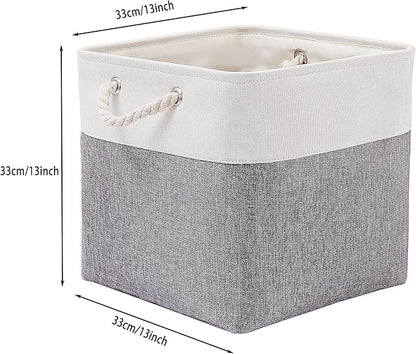 13 x 13 Inch Cube Storage Bins, 4 Pack Large Collapsible Fabric Storage Bin with Ropes, Foldable Storage Cubes for Home, Office,Closet, Clothes, Toys Organizer (White & Grey)