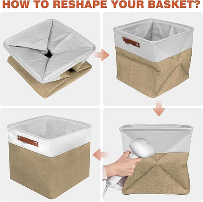 13in Open Fabric Storage Basket with Leather Handles for Organizing, Collapsible Linen Closet Bins for Shelves, Closets, Laundry, Decorative Basket for Gifts. (White＆Khaki, 2PCS/13x13in)