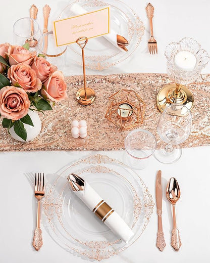 Nervure 350PCS Rose Gold Plastic Plates - Rose Gold Plastic Dinnerware Sets for 50 Guests - 100 Disposable Plates, 150 Silverware, 50 Cups, 50 Napkins for Wedding & Party